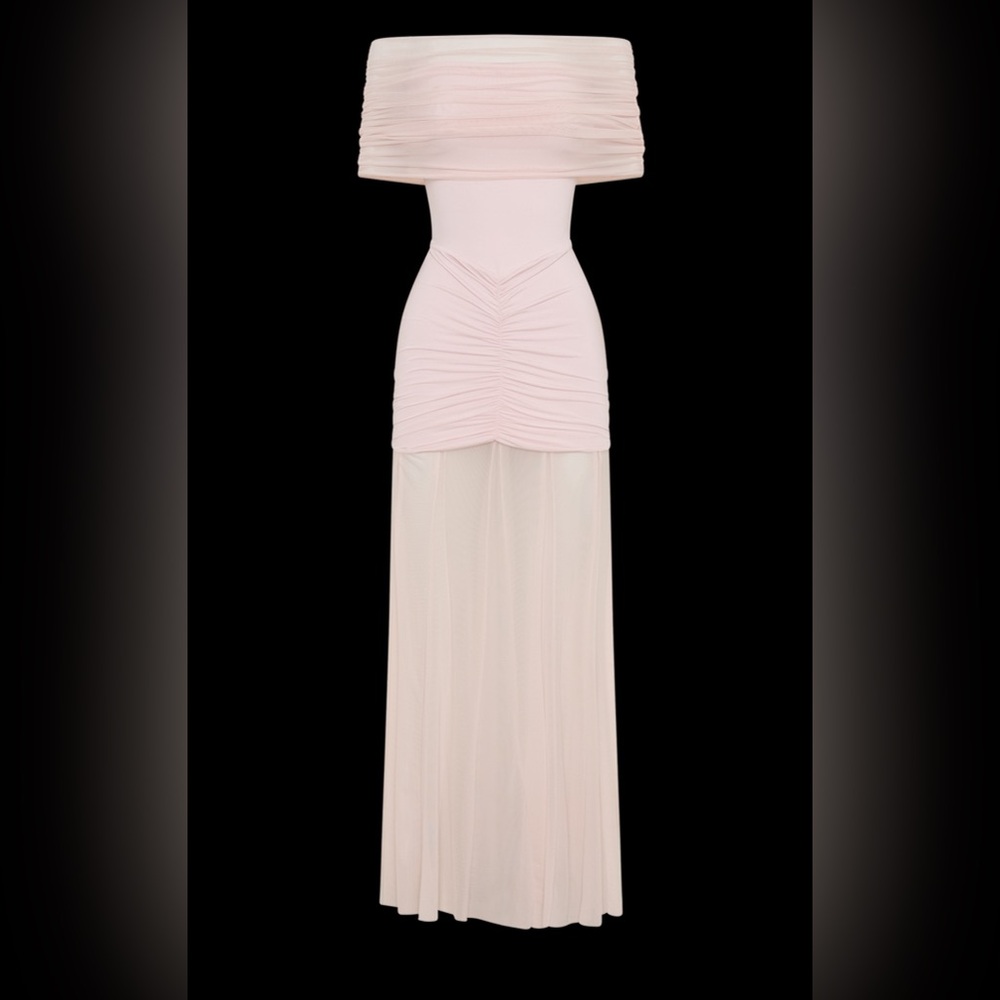 Caspian Slinky And Mesh Off Shoulder Maxi Dress - Pale Pink